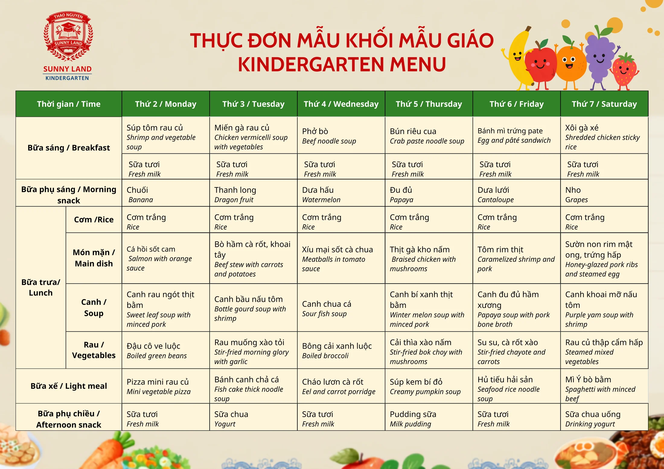 Thực đơn mẫu khối Mẫu giáo Sunny Land Kindergarten