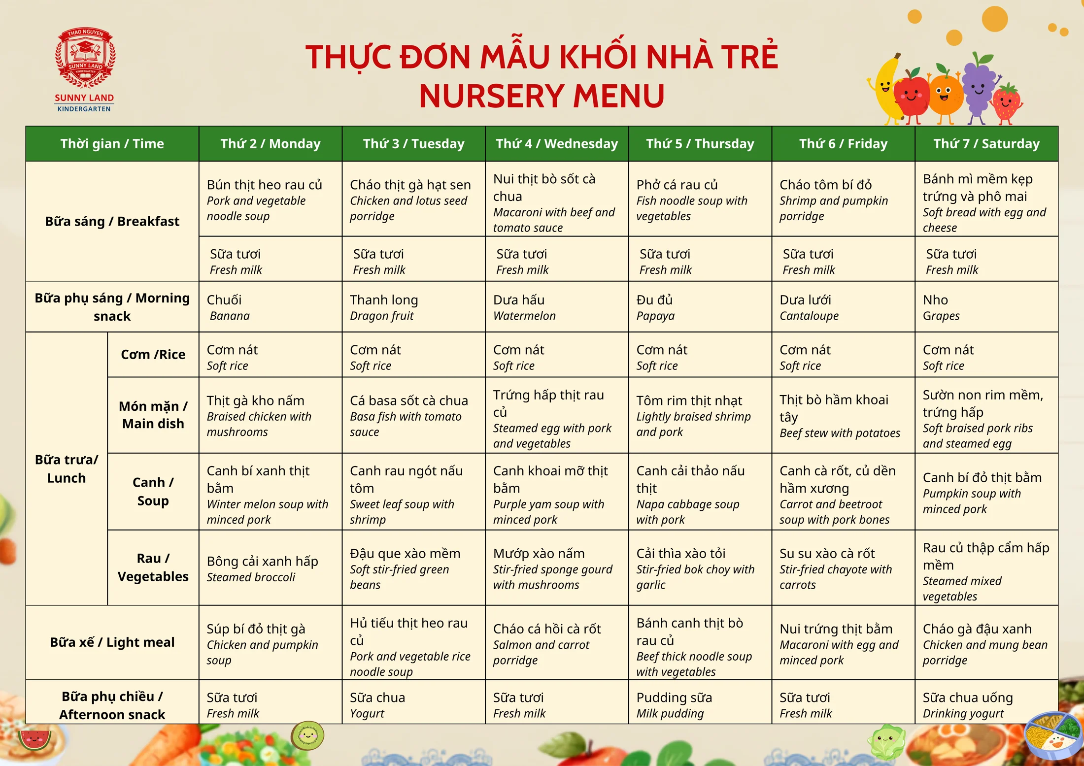 Thực đơn mẫu khối Nhà trẻ Sunny Land Kindergarten